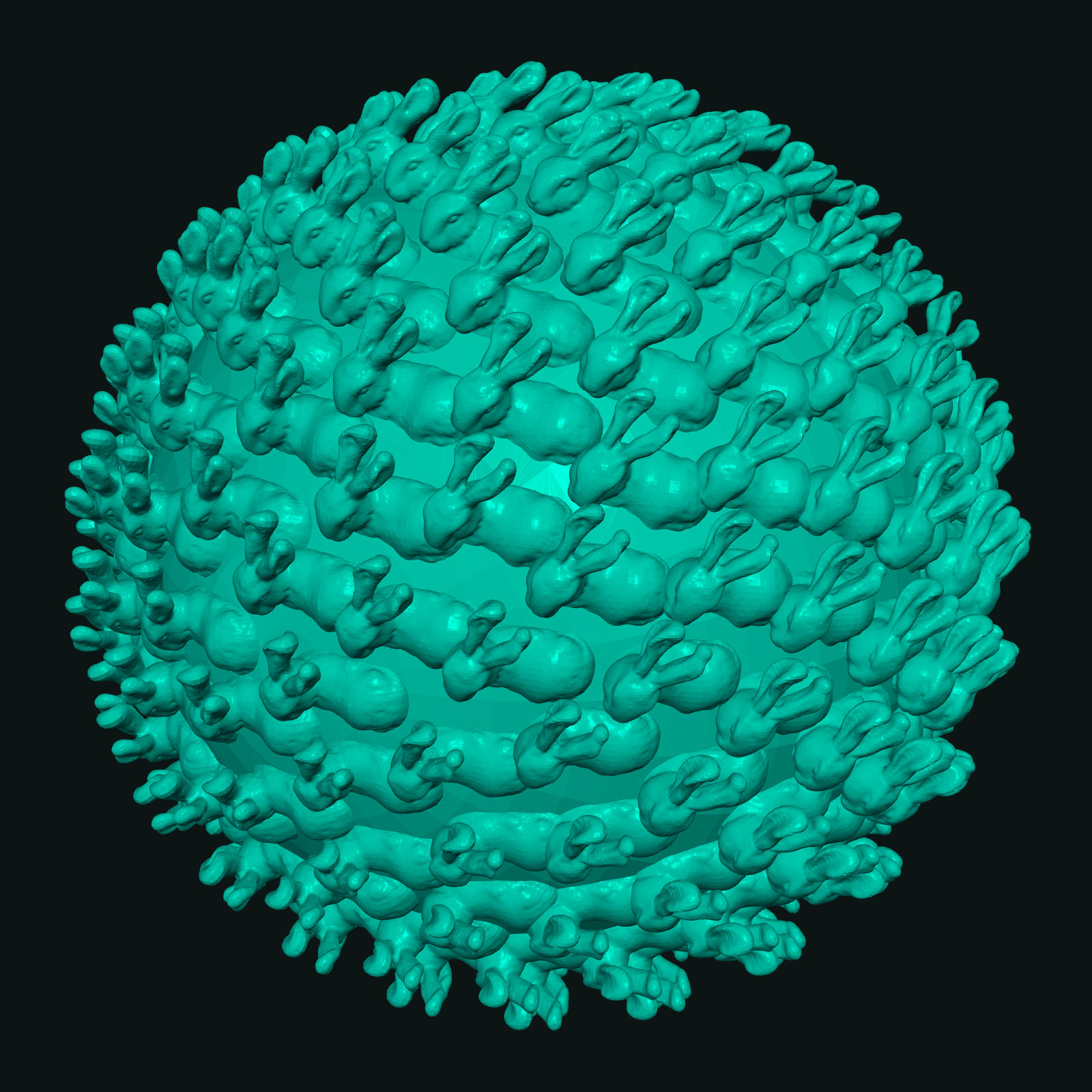 Variadic union of a sphere with 200 Stanford Bunnies